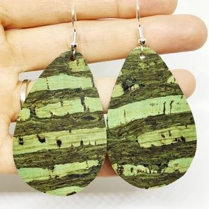 Green teardrop stripe cork earrings